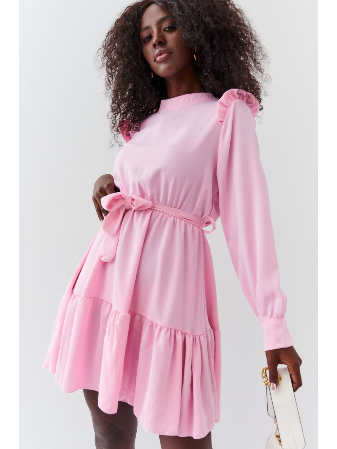 Smooth dress with a stand-up collar, pink 17576 - Online store - Boutique